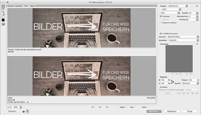 Bildschirmdialog Für Web speichern - Adobe Photoshop