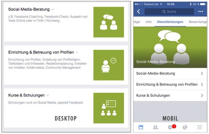 Dienstleistungen Facebook Ansicht Desktop und mobil
