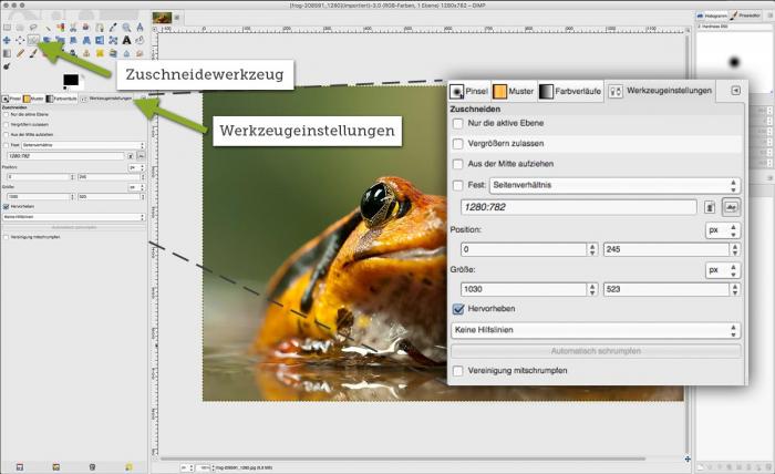 Benutzeroberfläche Gimp: Zuschneidewerkzeug und Werkzeugeinstellungen