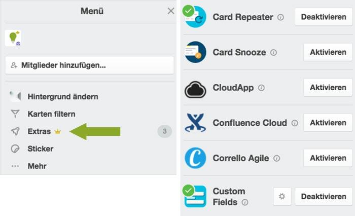 Trello Extras aktivieren, Übersicht Erweiterungen